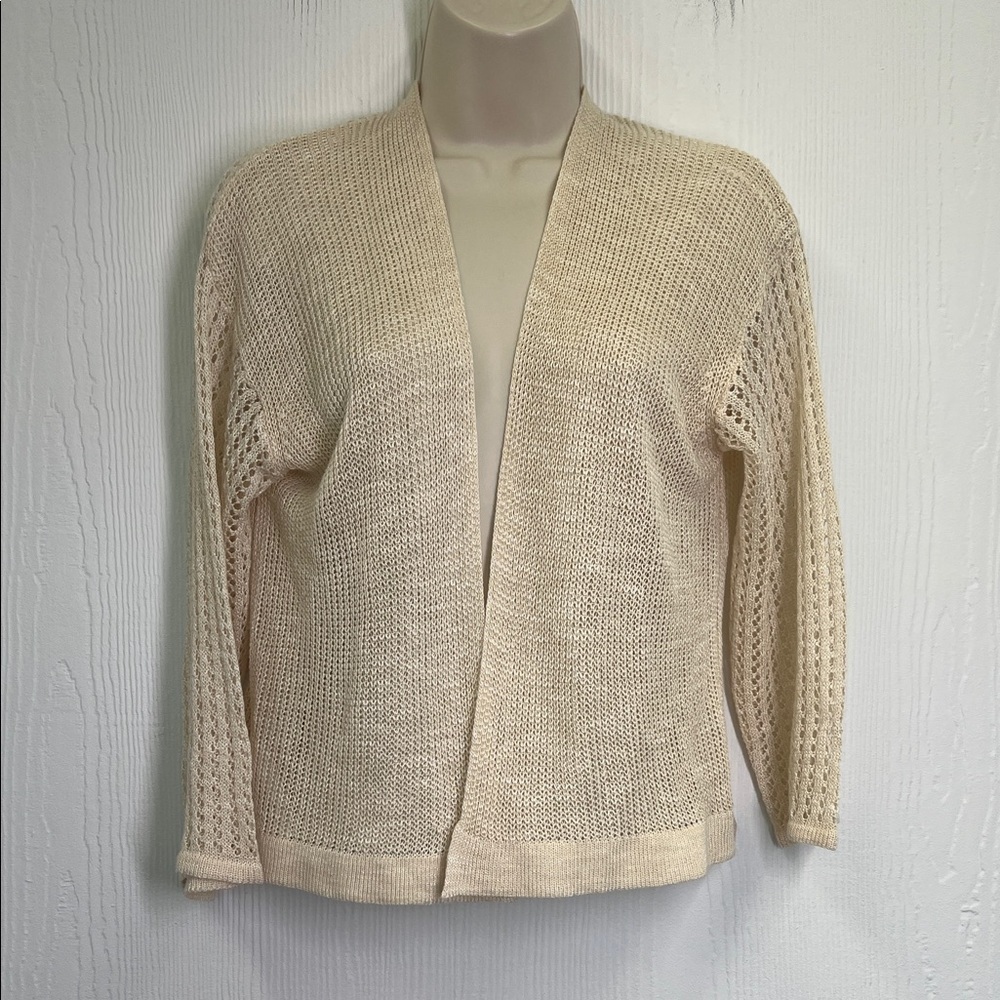 Anthropologie - Akemi + Kim Cream Beige Open Knit Quarter Sleeve Cardigan Small